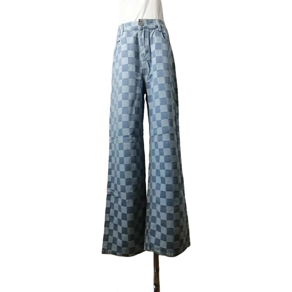 💦 L, blue and white checkered high-waisted wide-leg denim jeans